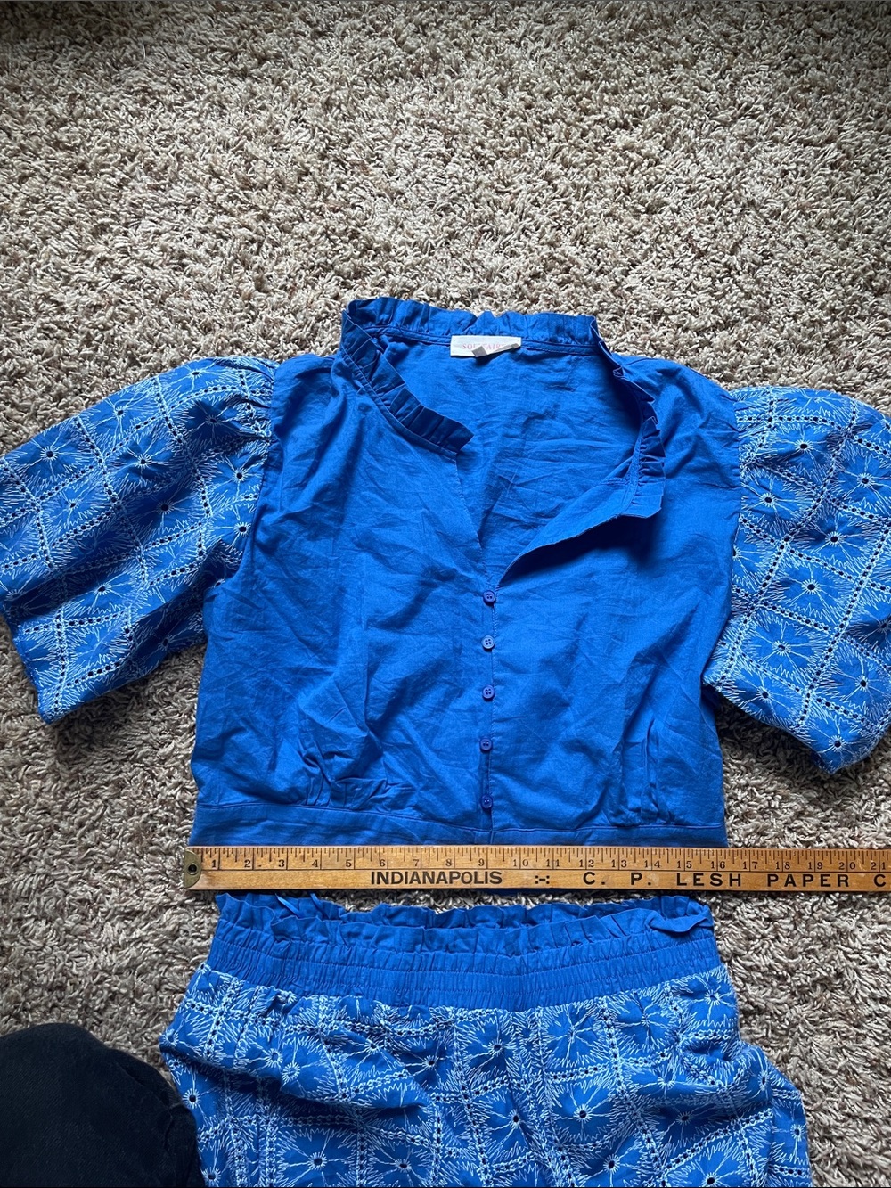 Solitaire Bright Blue 2 piece Button-Front Top with Embroidered Puff Sleeves